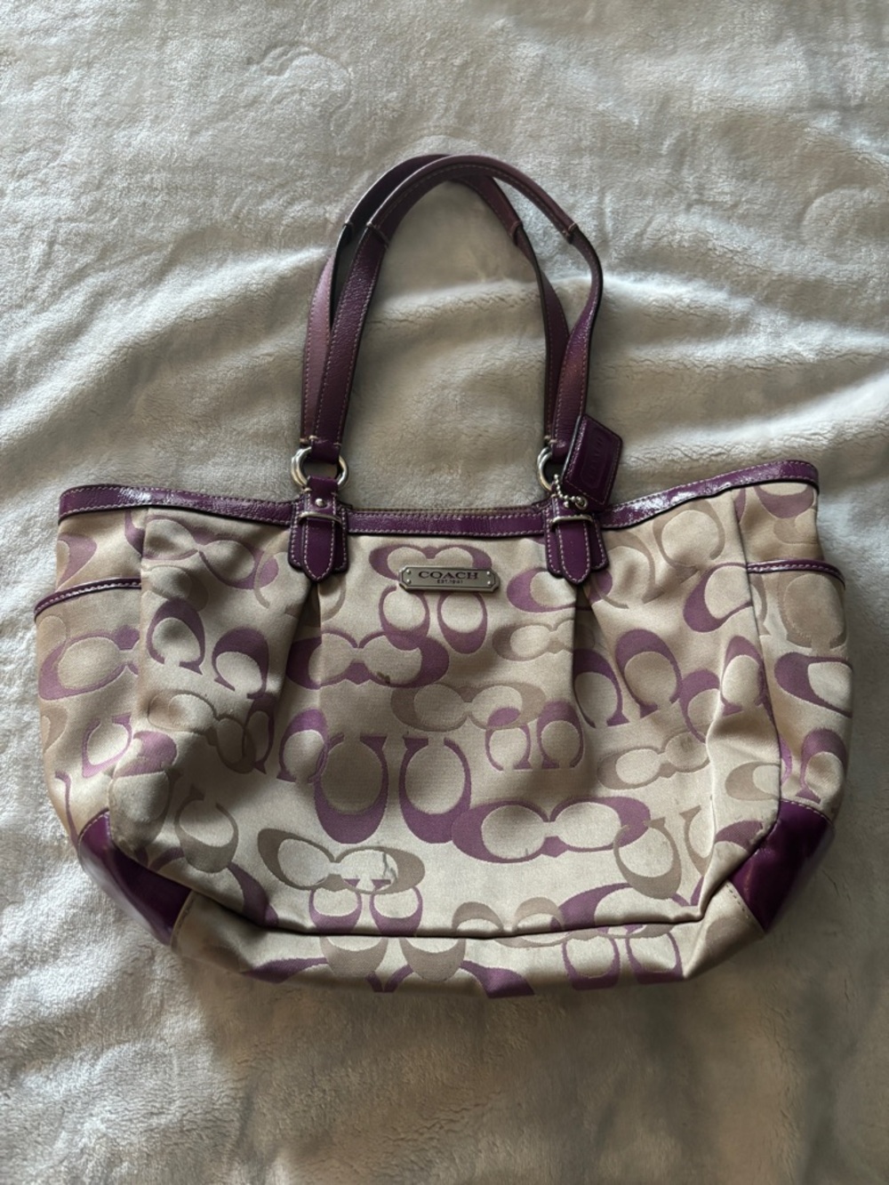 2012 Coach Beige Canvas Tote with Purple Signature Pattern